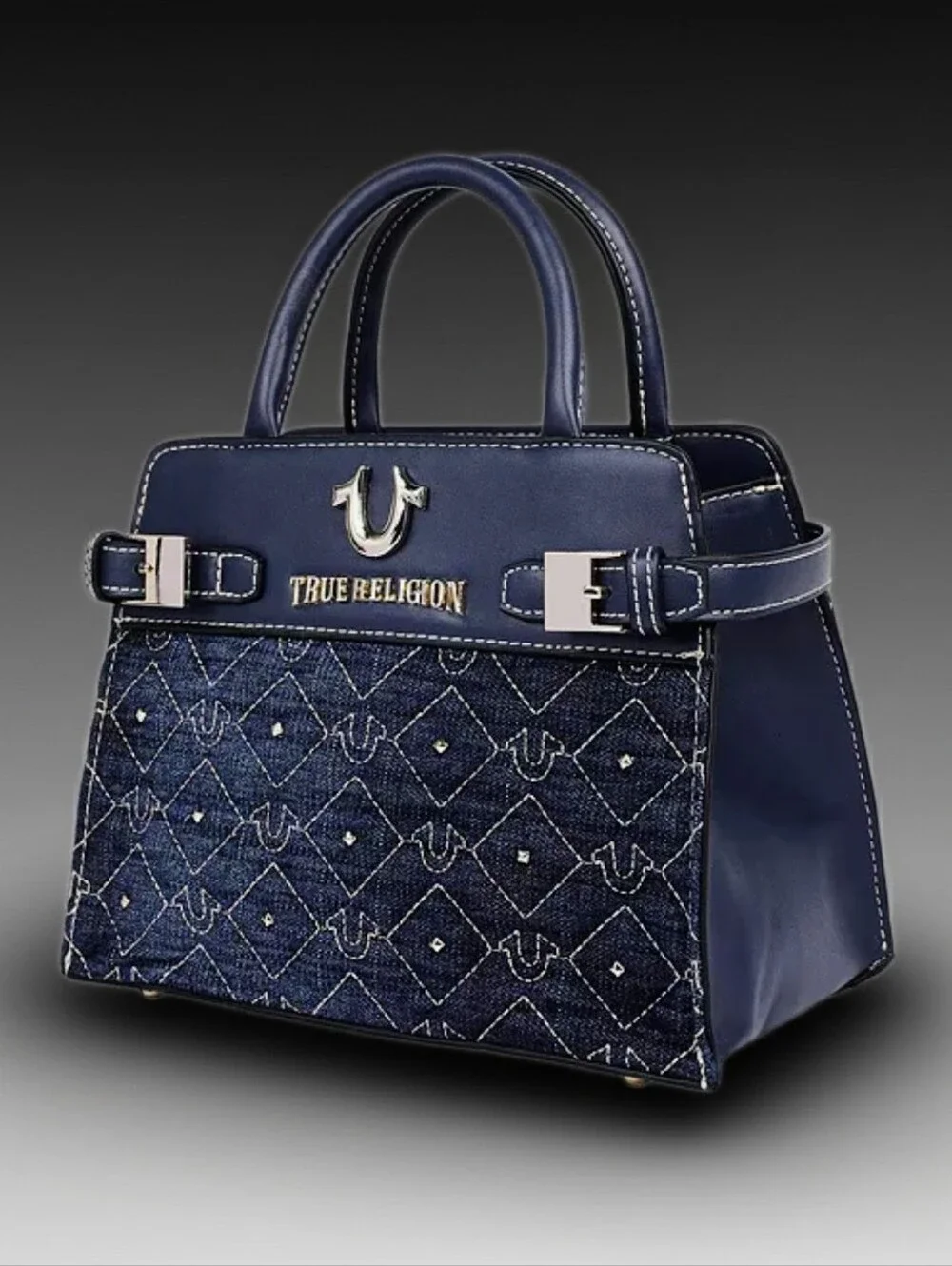 True Religion Dark Blue Quilted Denim Top-Handle Satchel